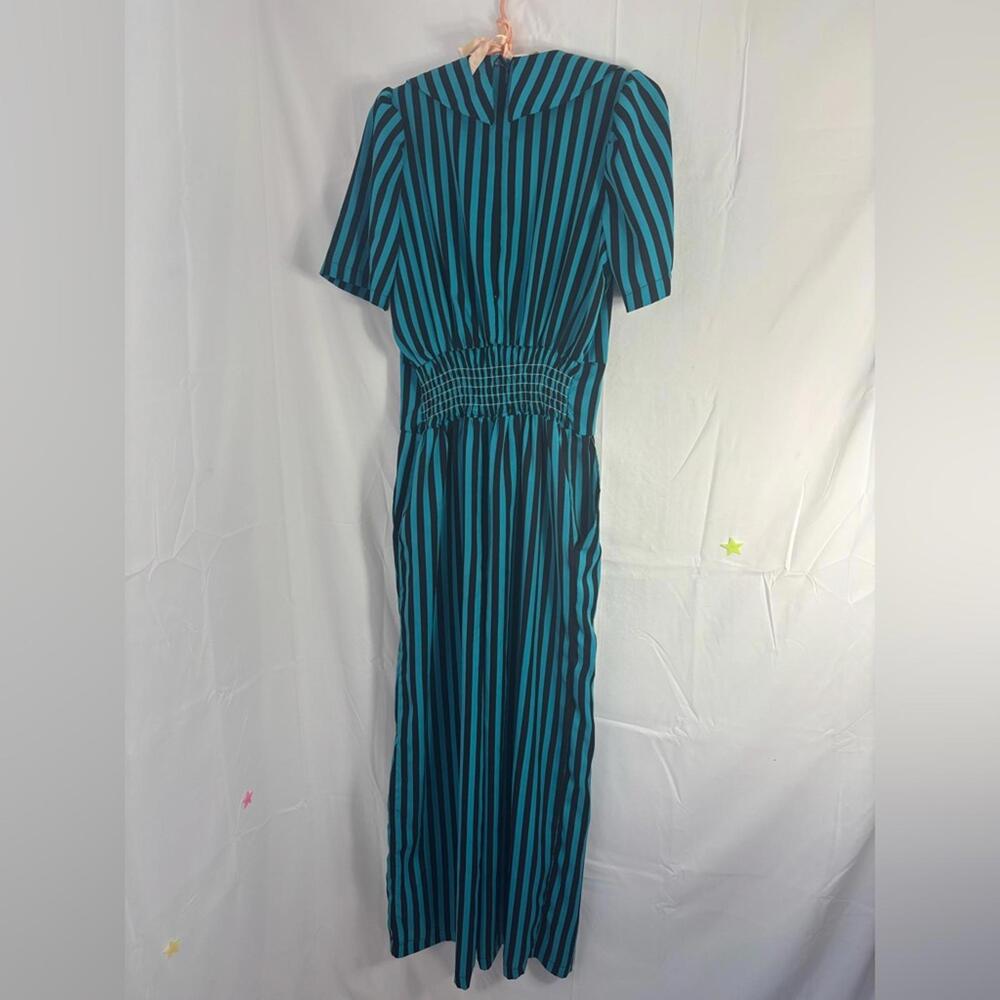 Striped Turquoise+Black Wide Leg Collar Slight Puff Sleeve Retro Jumpsuit Size M - Picture 3 of 9